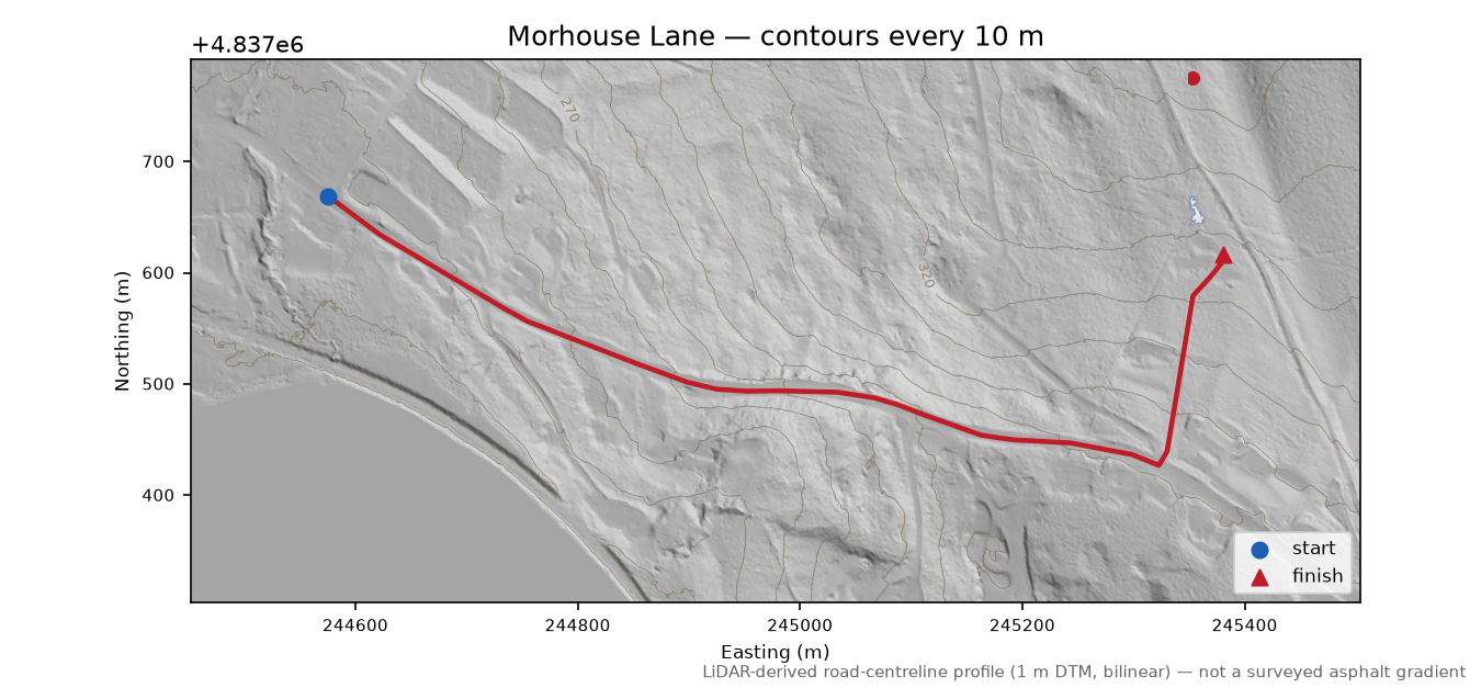 Morhouse Lane LiDAR hillshade map with contours