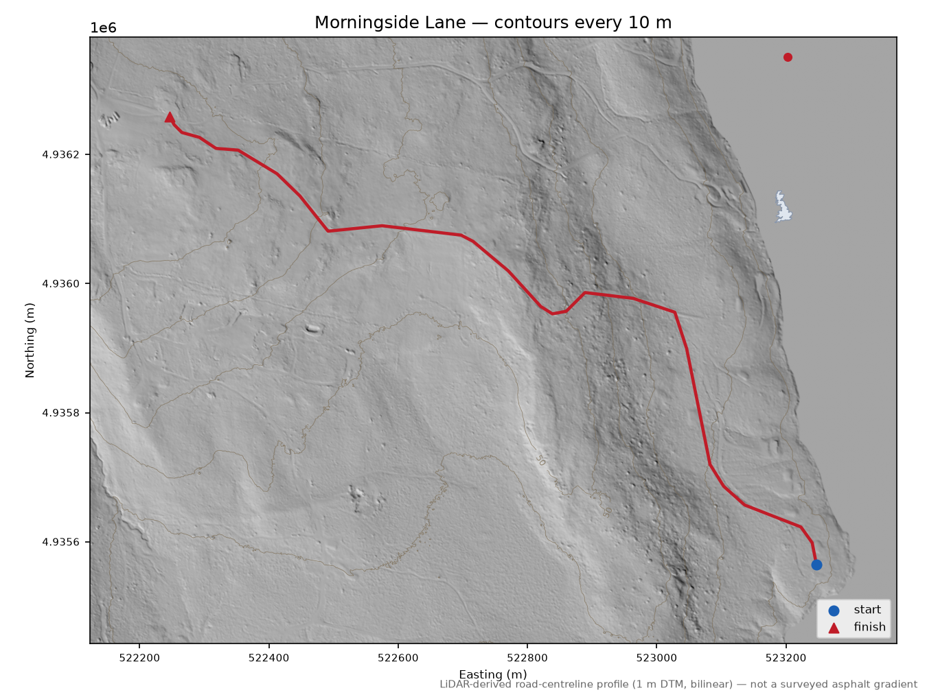 Morningside Lane LiDAR hillshade map with contours