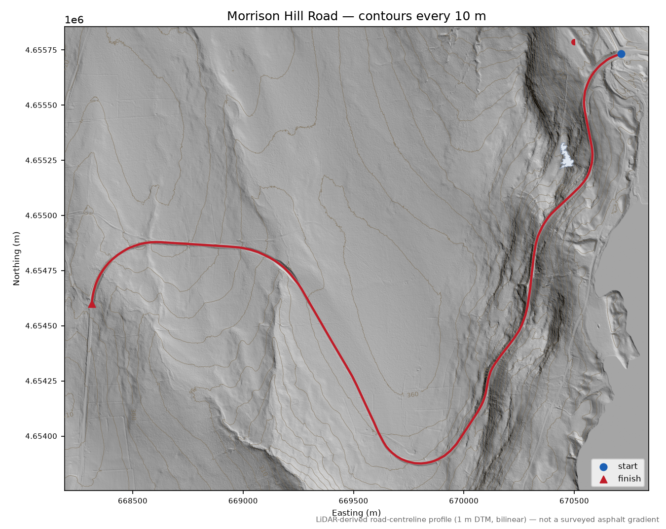 Morrison Hill Road LiDAR hillshade map with contours