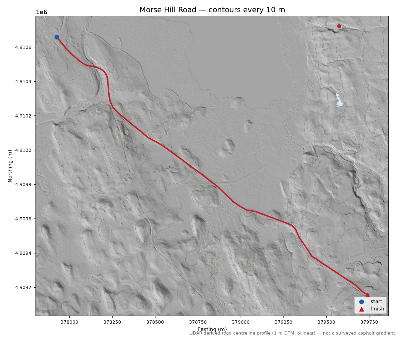 Morse Hill Road LiDAR hillshade map with contours