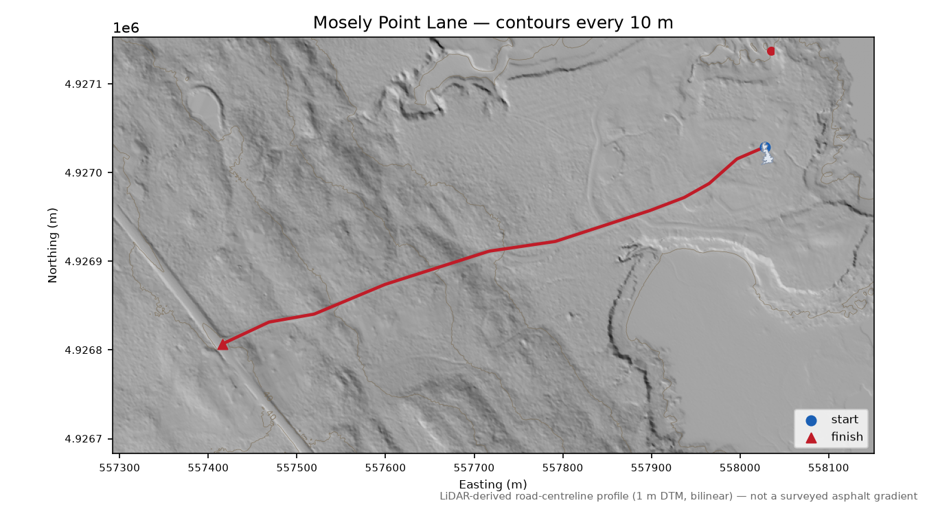 Mosely Point Lane LiDAR hillshade map with contours