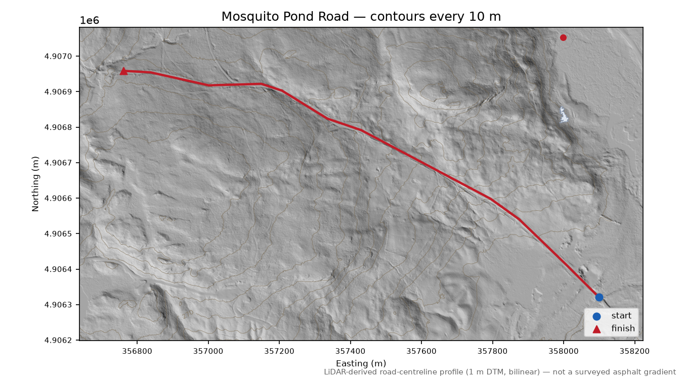 Mosquito Pond Road LiDAR hillshade map with contours