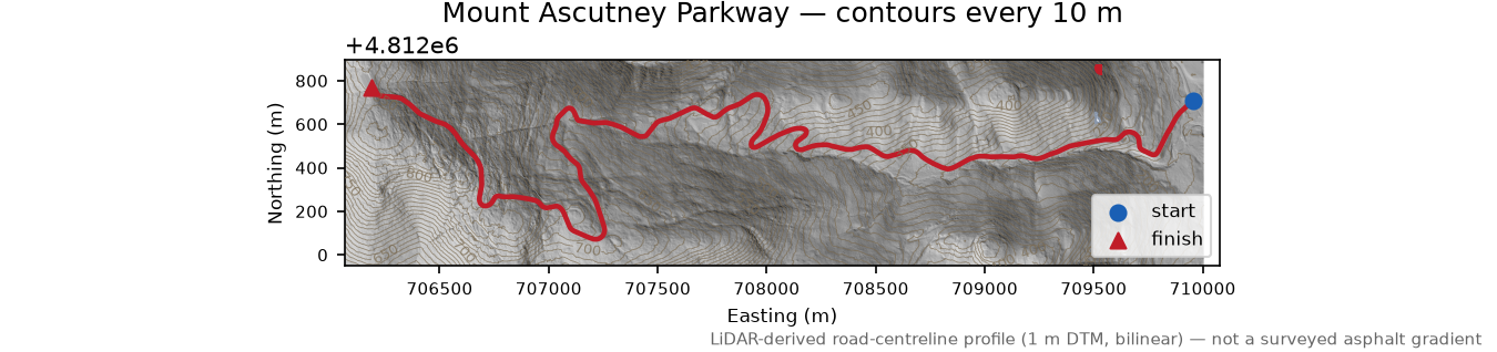 Mount Ascutney Parkway LiDAR hillshade map with contours