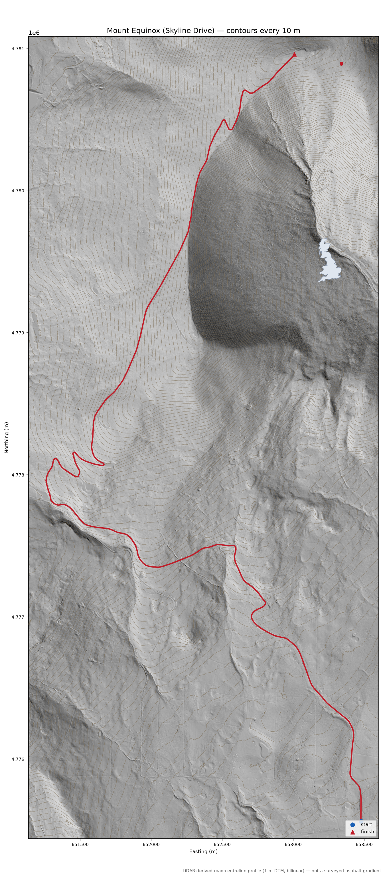 Mount Equinox (Skyline Drive) LiDAR hillshade map with contours