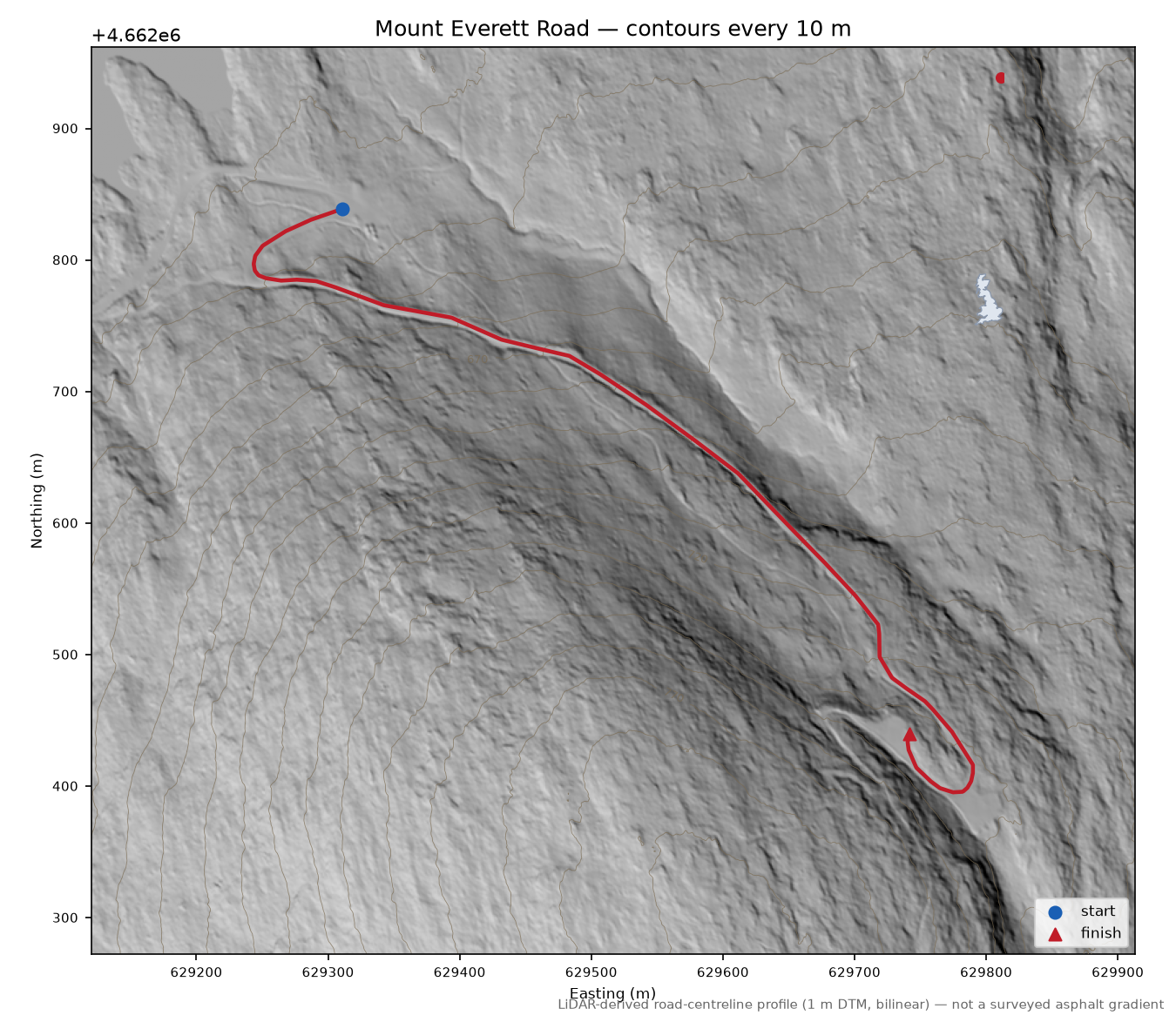 Mount Everett Road LiDAR hillshade map with contours