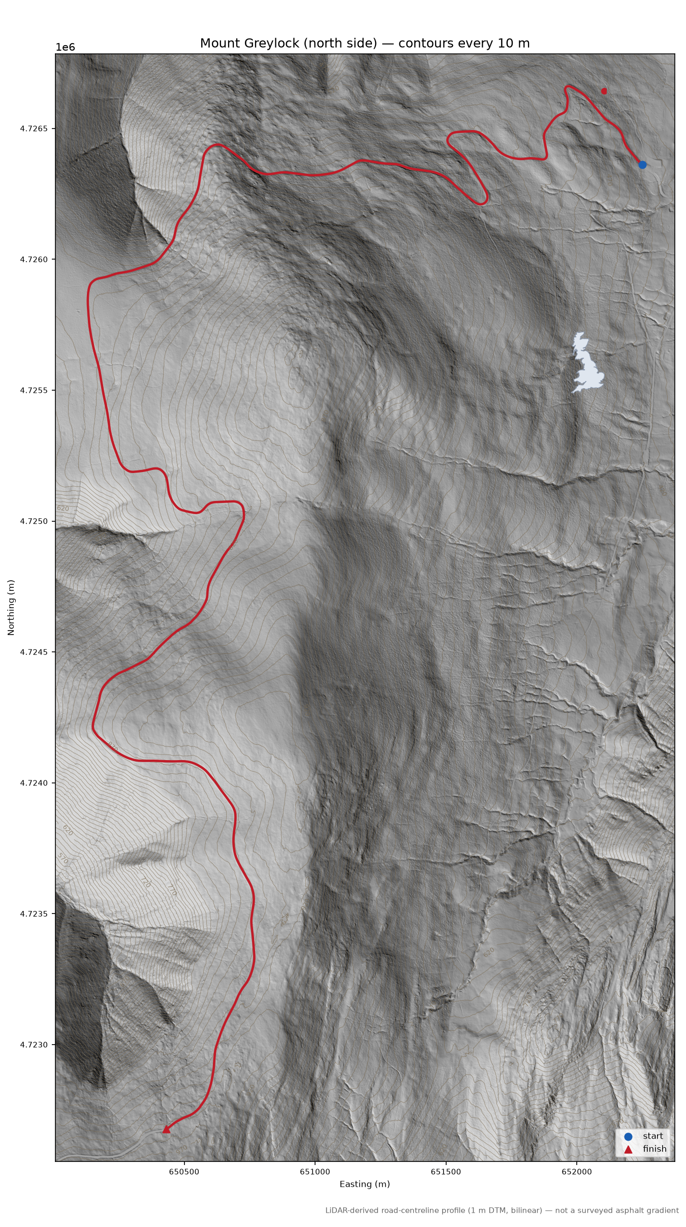Mount Greylock (north side) LiDAR hillshade map with contours