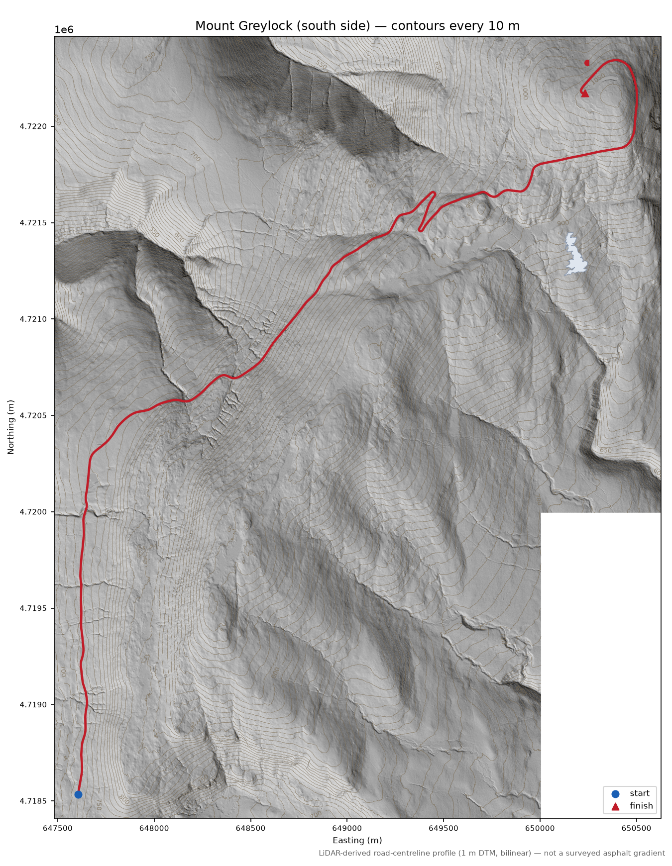 Mount Greylock (south side) LiDAR hillshade map with contours