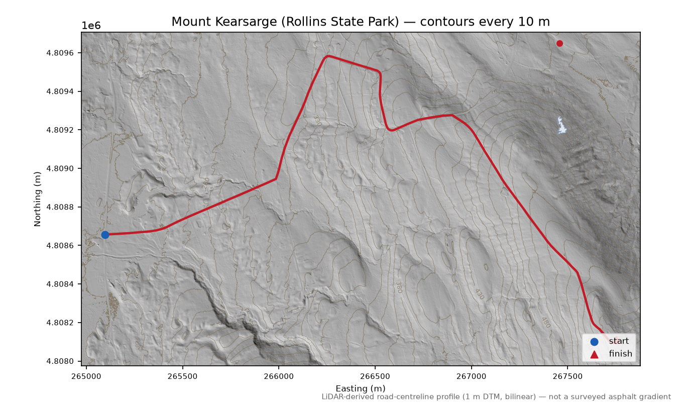 Mount Kearsarge (Rollins State Park) LiDAR hillshade map with contours