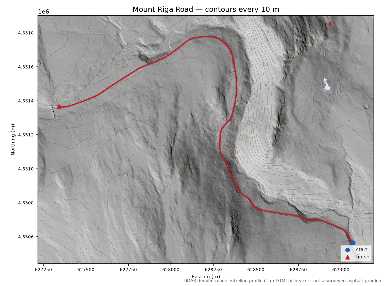 Mount Riga Road LiDAR hillshade map with contours