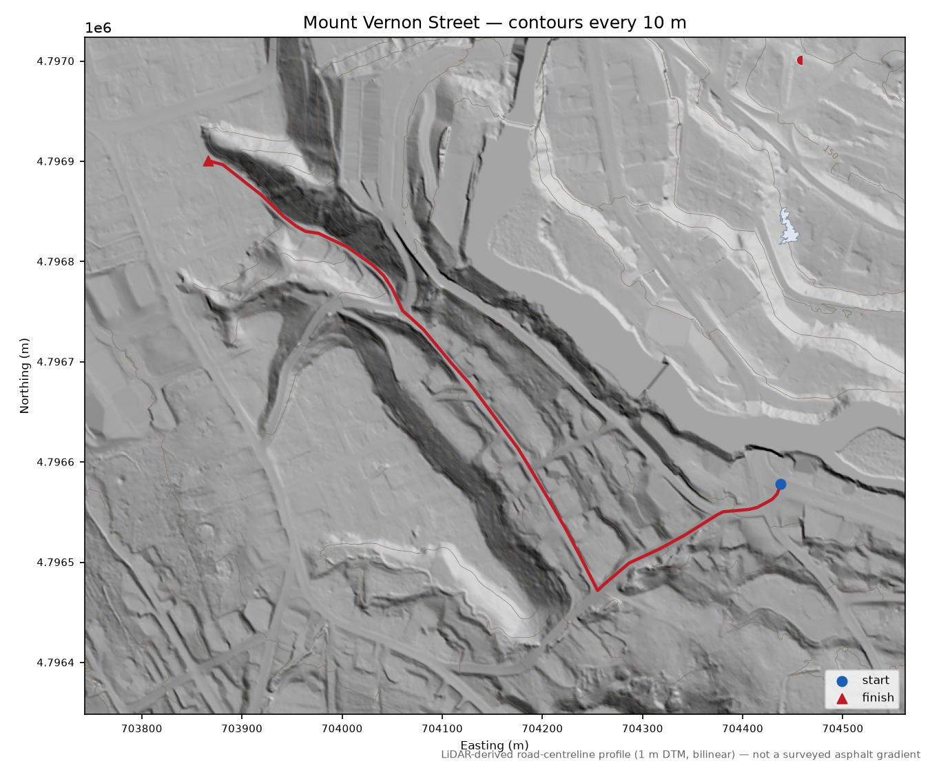 Mount Vernon Street LiDAR hillshade map with contours