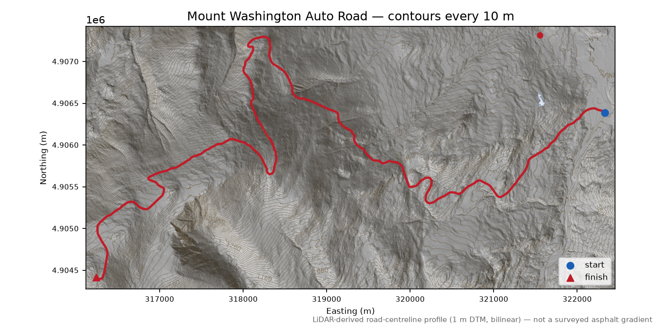 Mount Washington Auto Road LiDAR hillshade map with contours