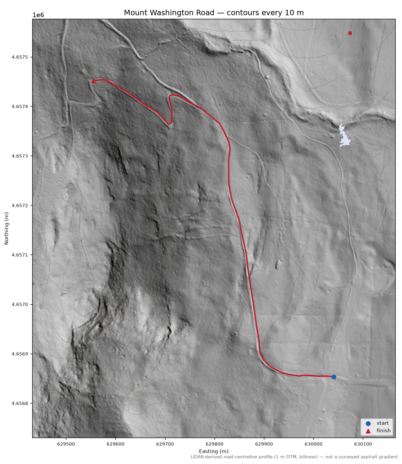 Mount Washington Road LiDAR hillshade map with contours