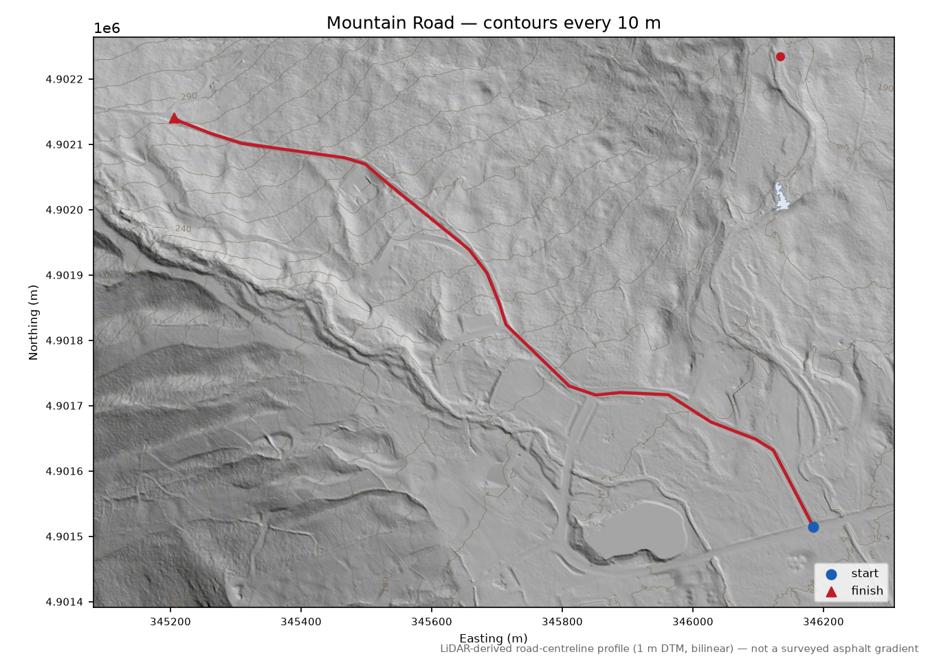 Mountain Road LiDAR hillshade map with contours