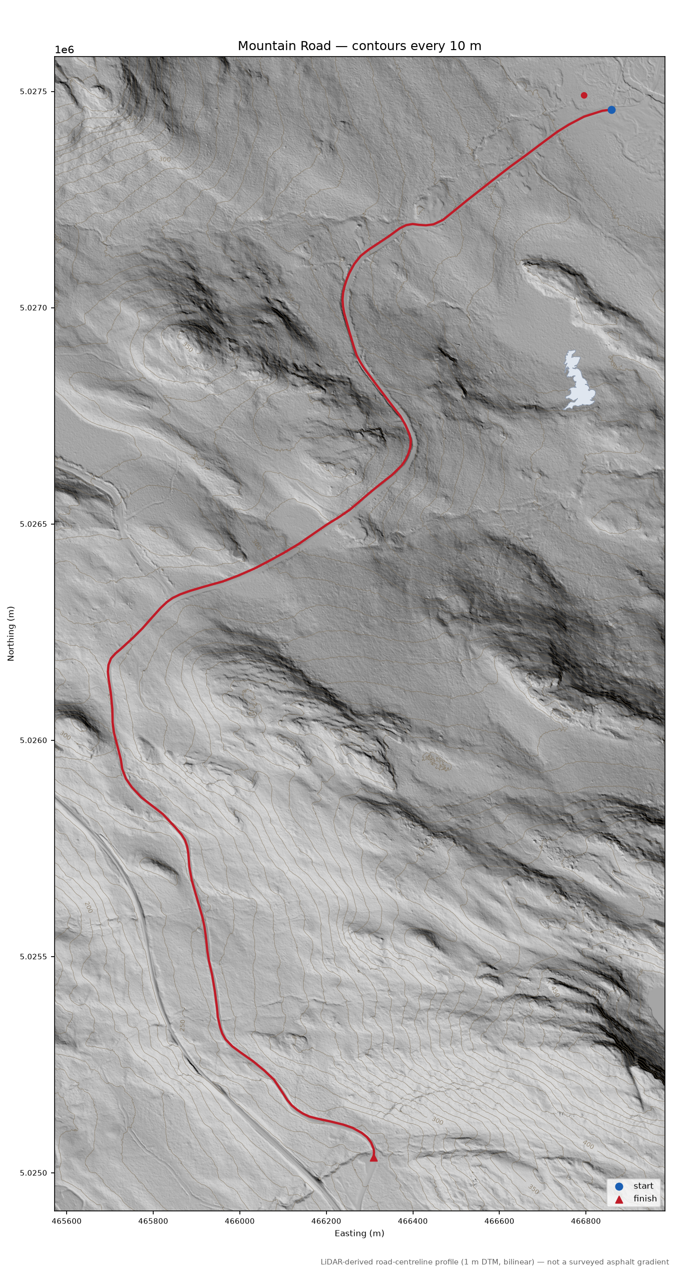 Mountain Road LiDAR hillshade map with contours