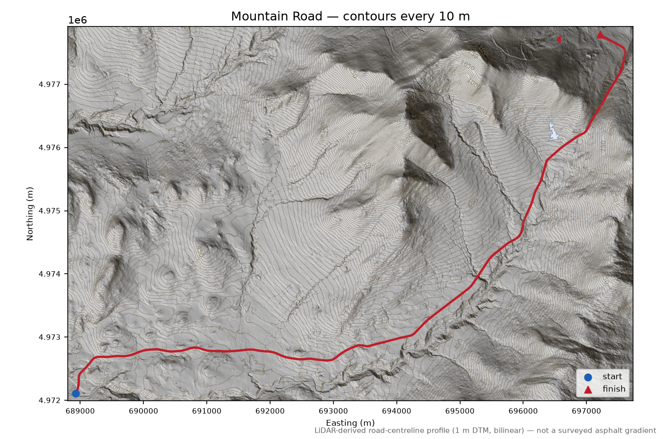 Mountain Road LiDAR hillshade map with contours