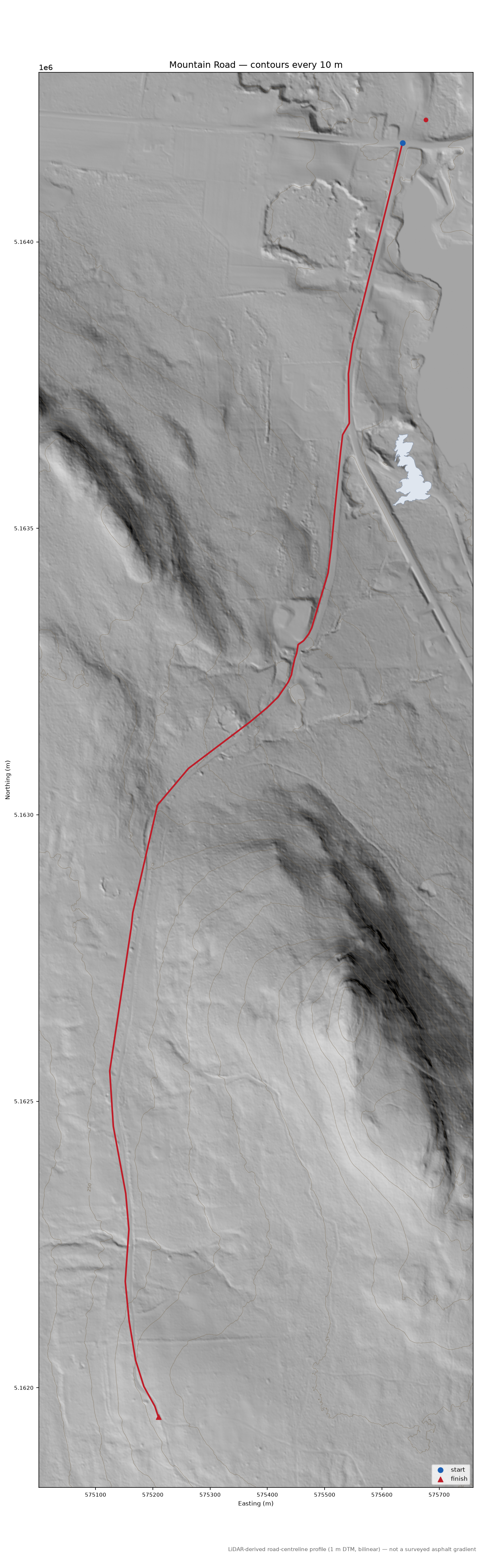 Mountain Road LiDAR hillshade map with contours