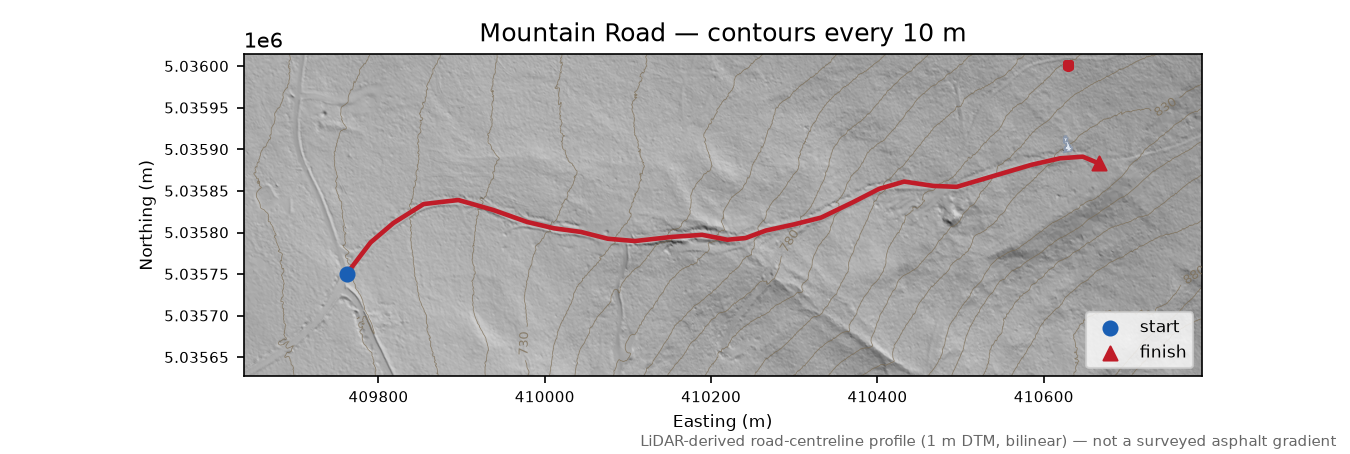 Mountain Road LiDAR hillshade map with contours
