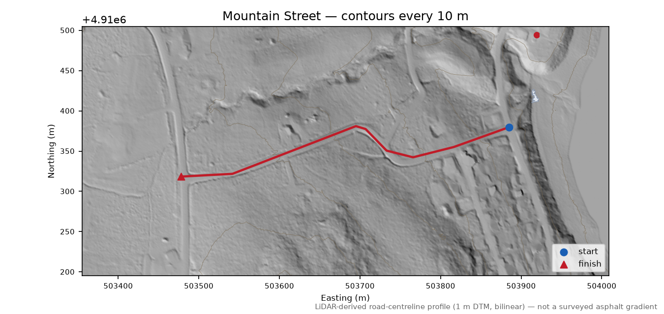 Mountain Street LiDAR hillshade map with contours