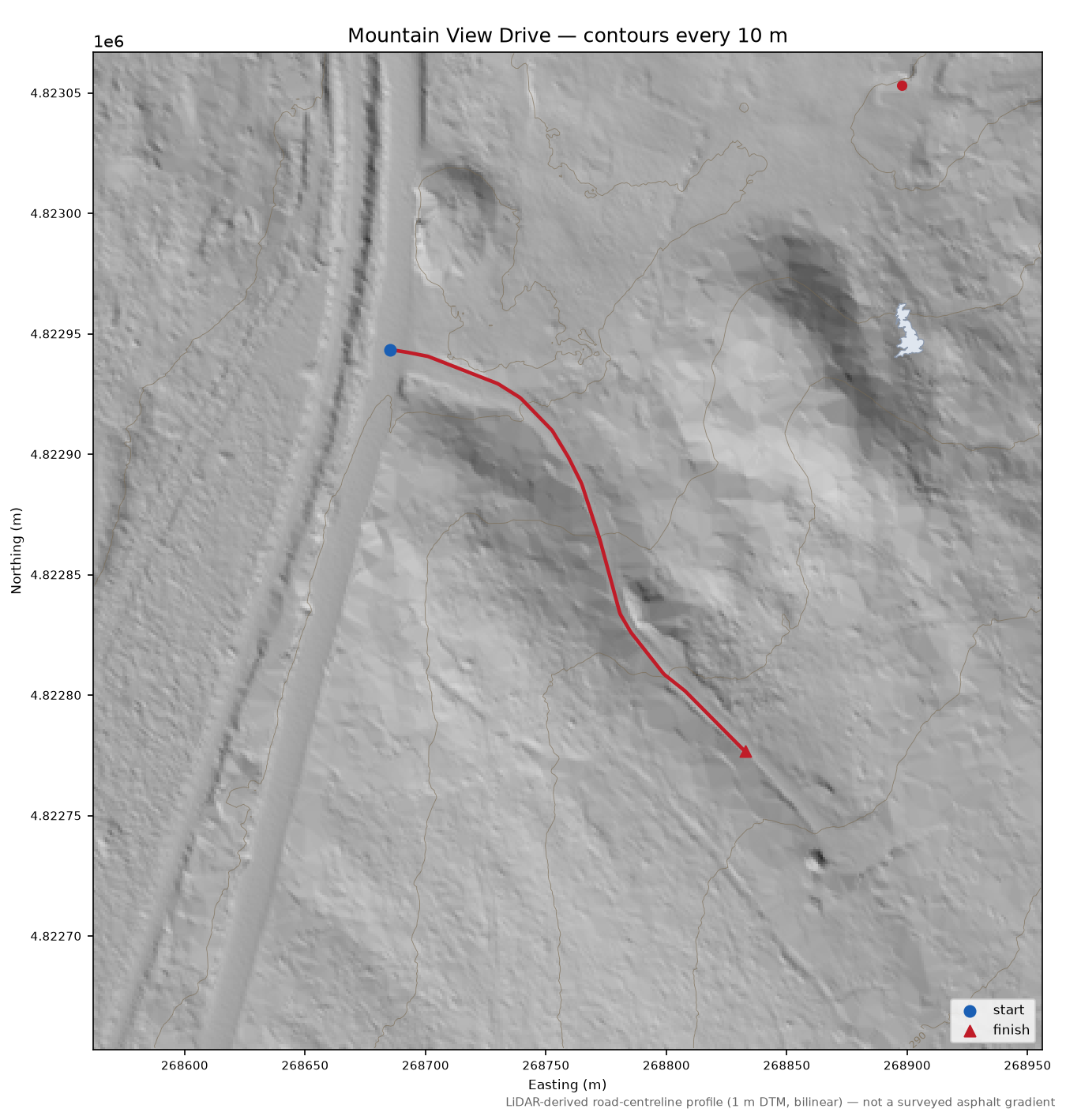 Mountain View Drive LiDAR hillshade map with contours