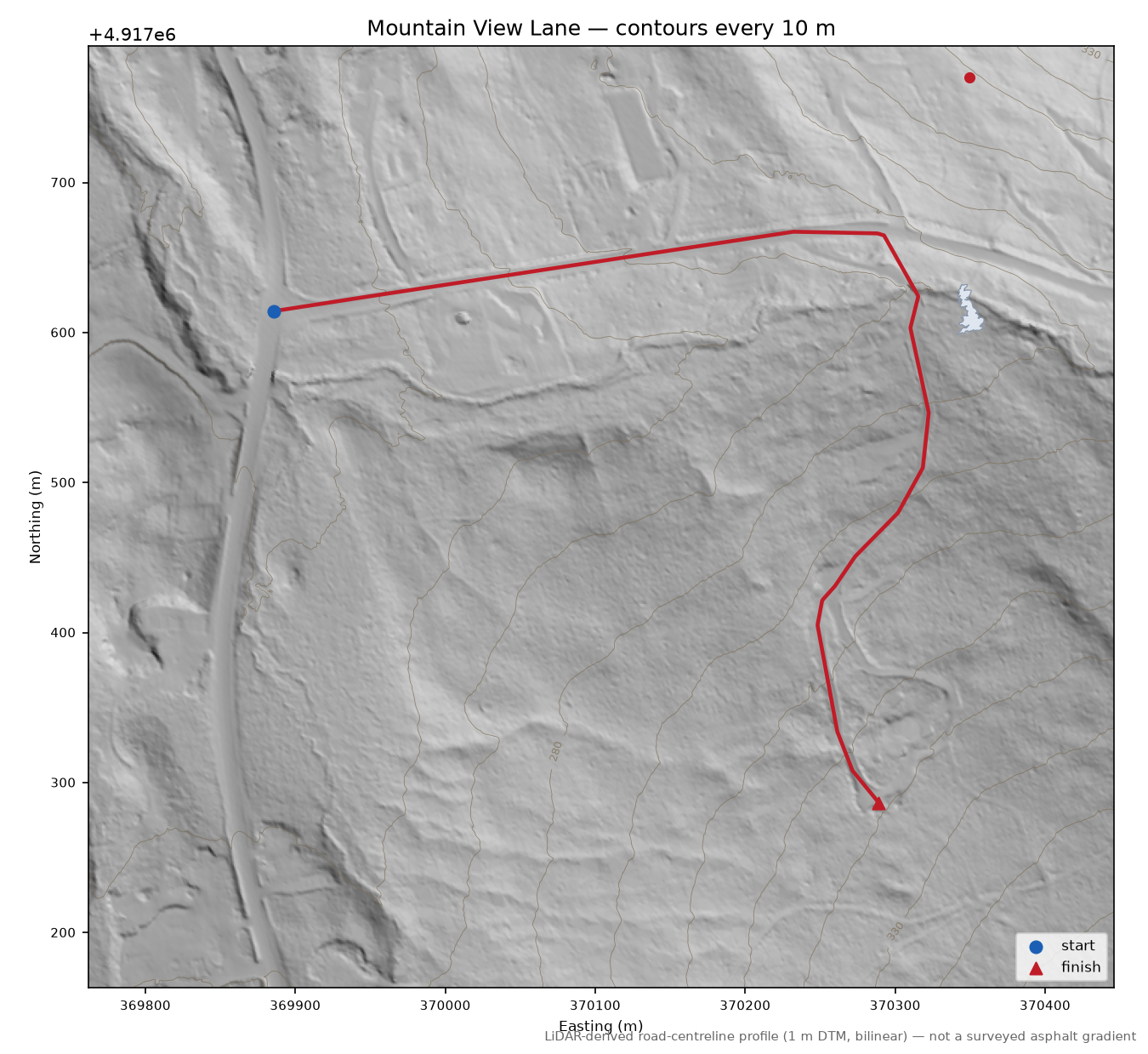 Mountain View Lane LiDAR hillshade map with contours