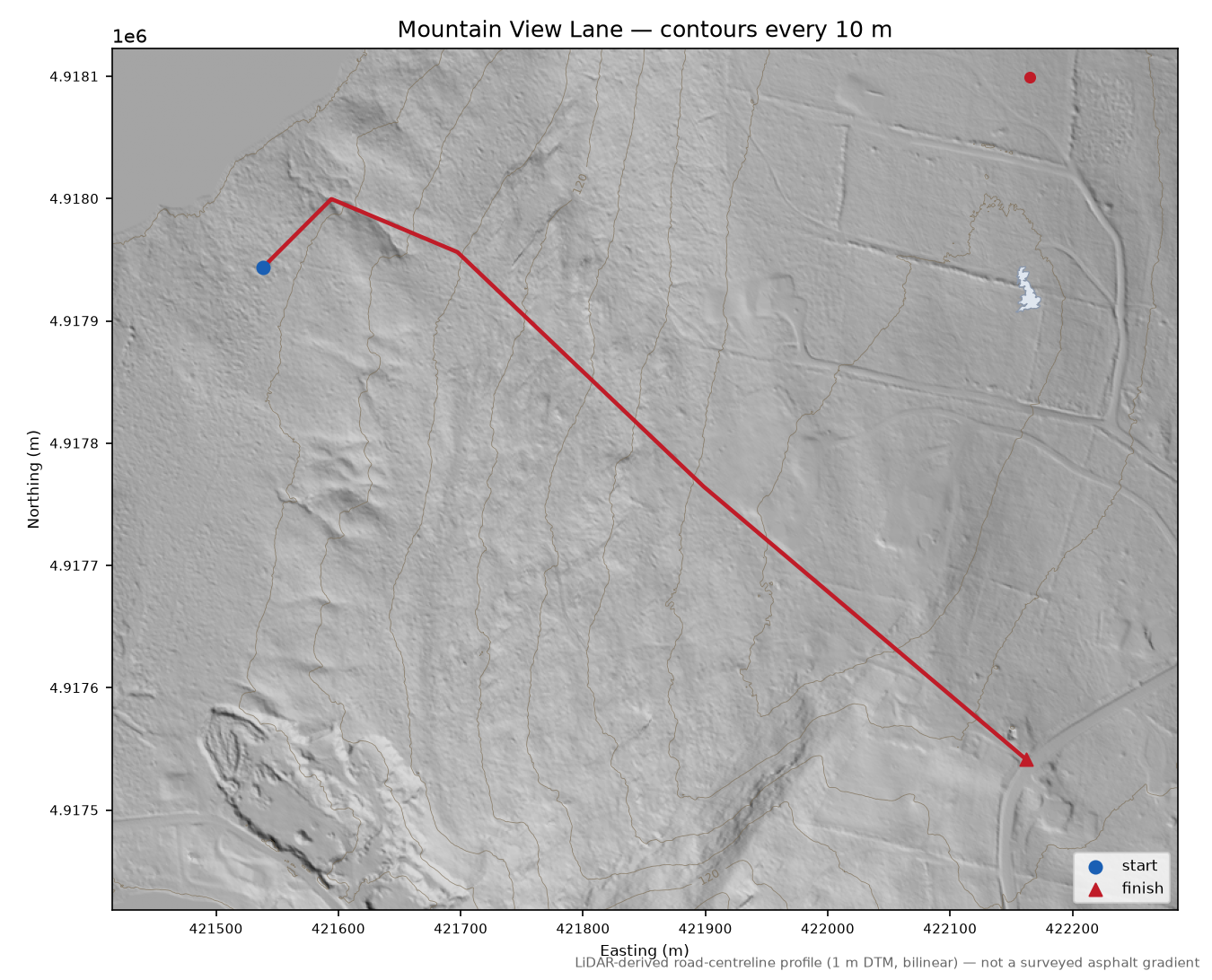 Mountain View Lane LiDAR hillshade map with contours