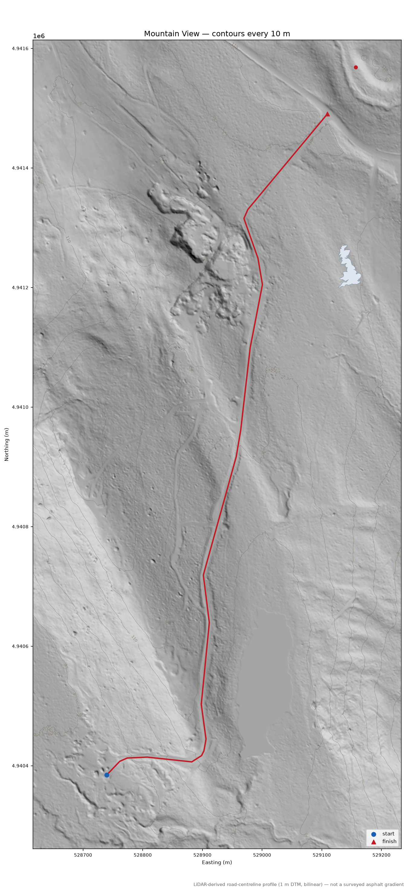 Mountain View LiDAR hillshade map with contours
