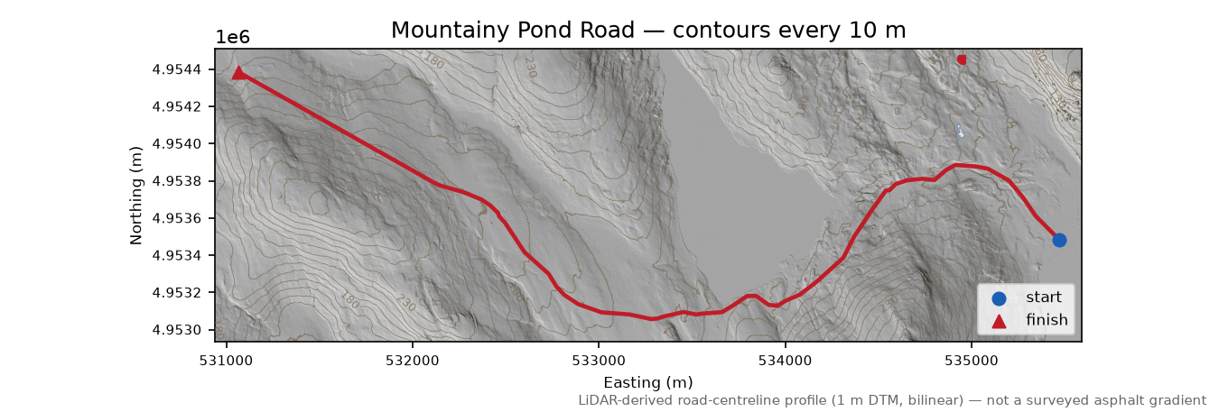 Mountainy Pond Road LiDAR hillshade map with contours