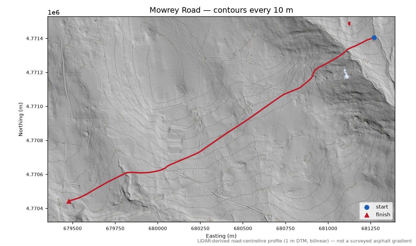 Mowrey Road LiDAR hillshade map with contours