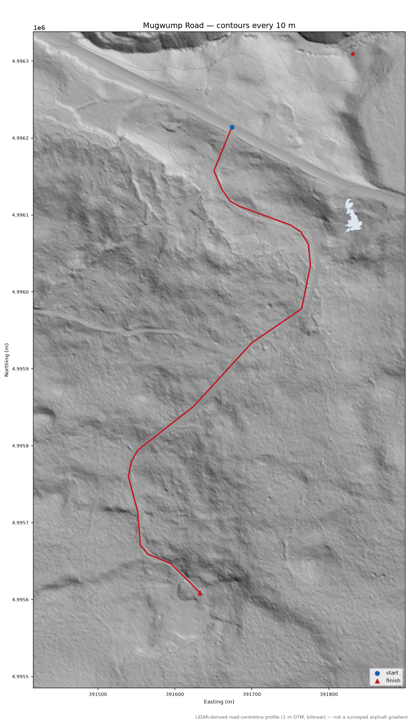 Mugwump Road LiDAR hillshade map with contours