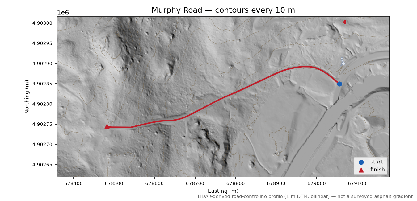 Murphy Road LiDAR hillshade map with contours