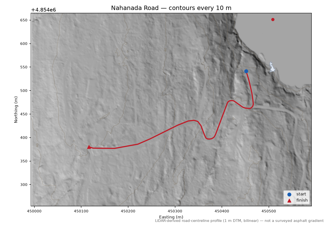 Nahanada Road LiDAR hillshade map with contours