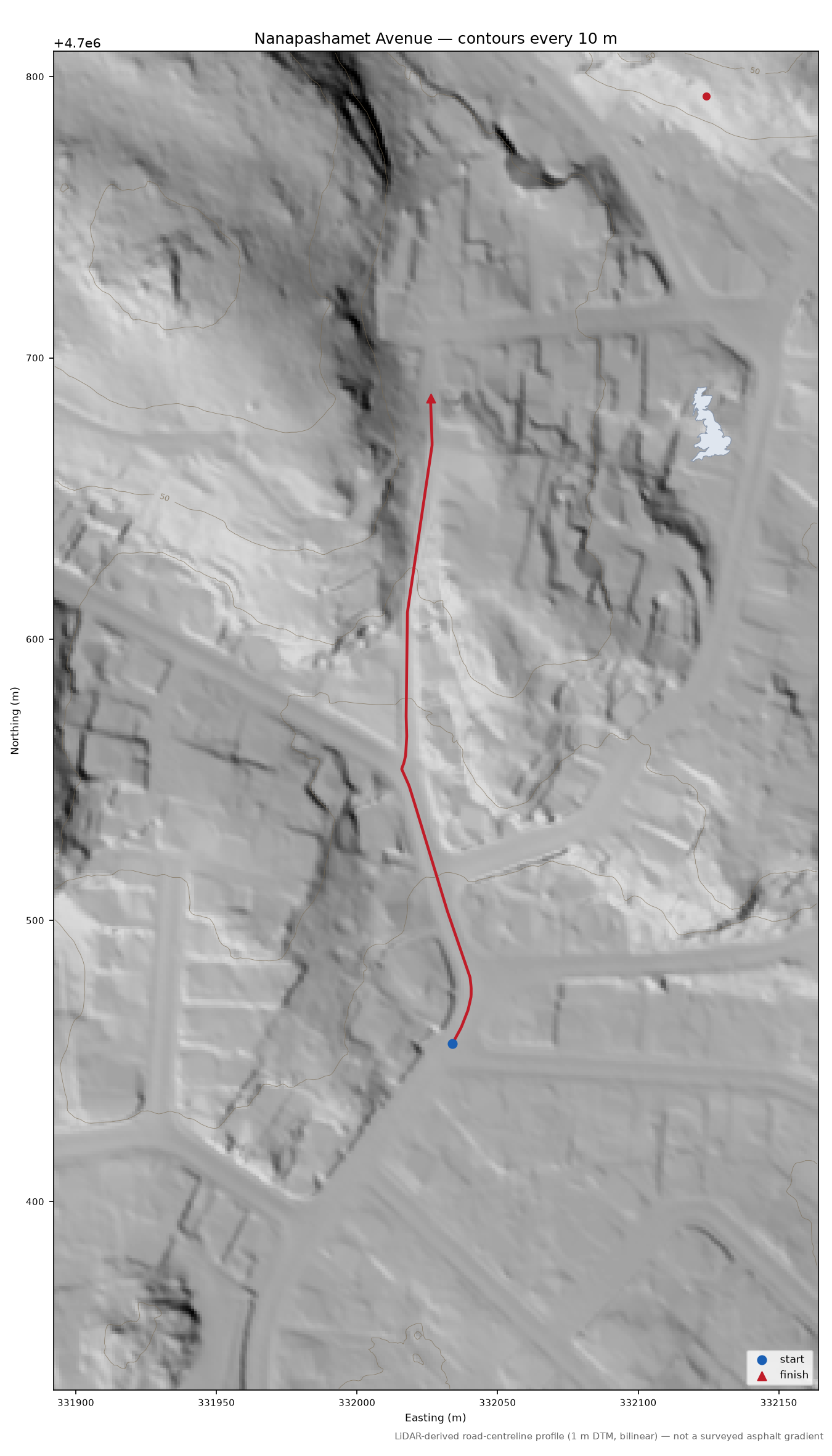 Nanapashamet Avenue LiDAR hillshade map with contours