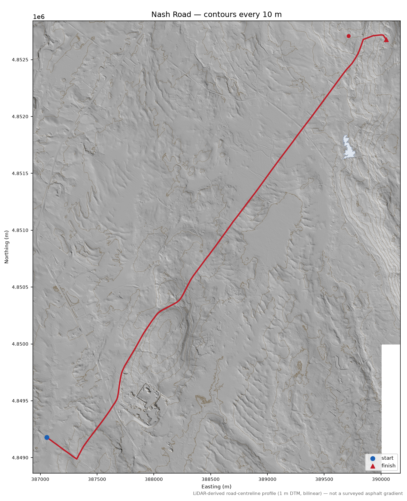 Nash Road LiDAR hillshade map with contours