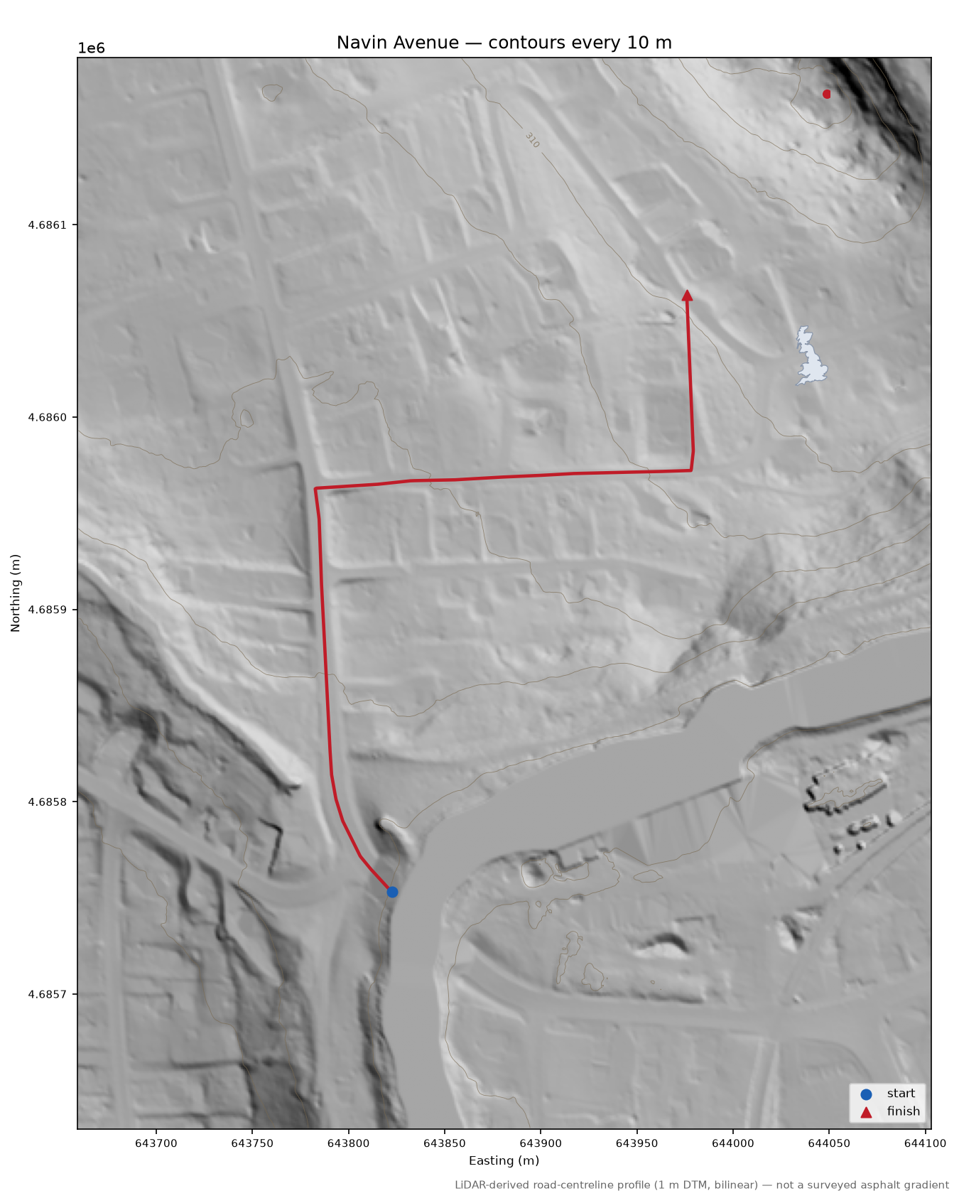 Navin Avenue LiDAR hillshade map with contours