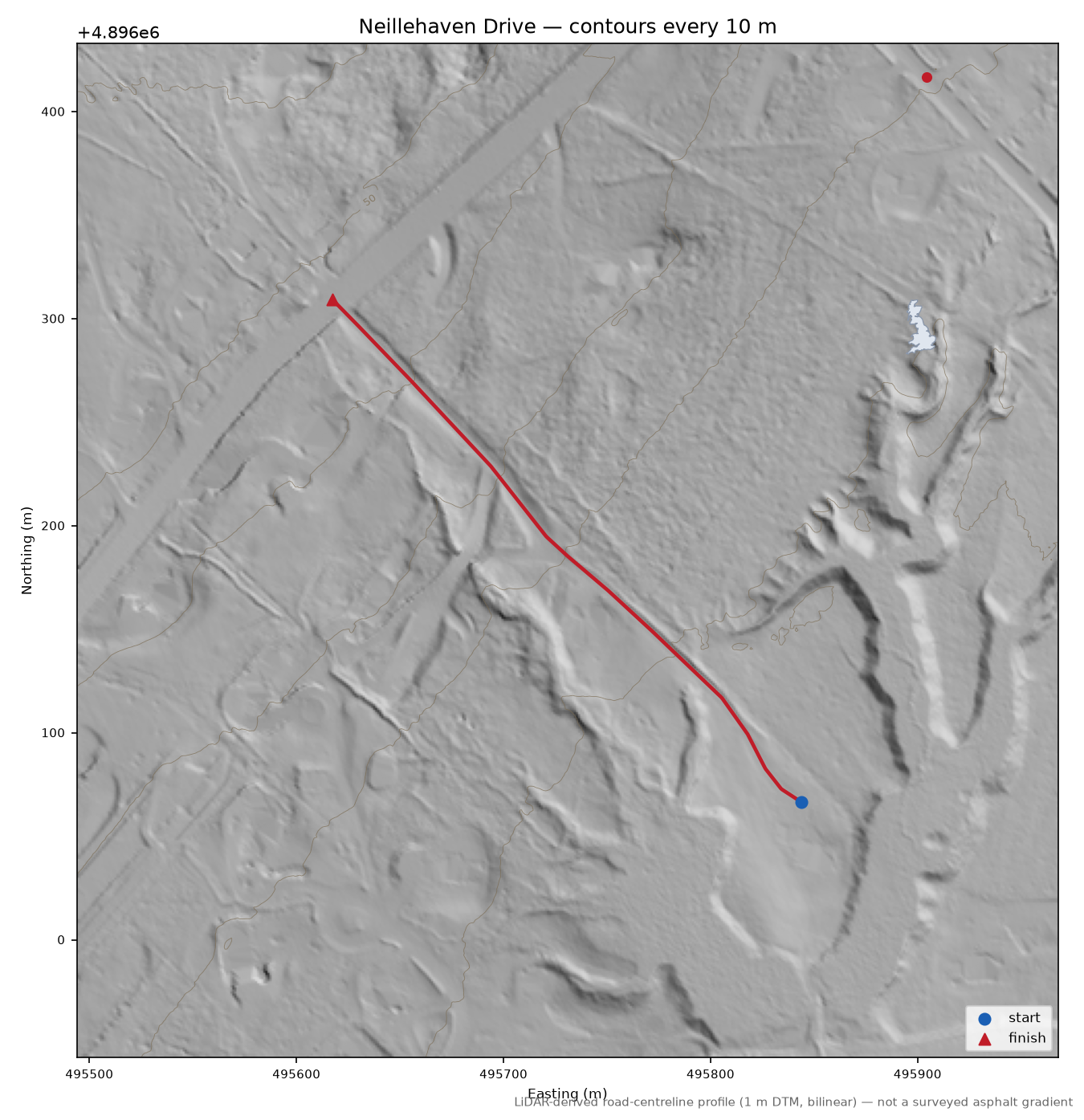 Neillehaven Drive LiDAR hillshade map with contours