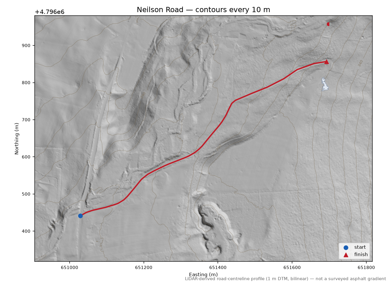 Neilson Road LiDAR hillshade map with contours