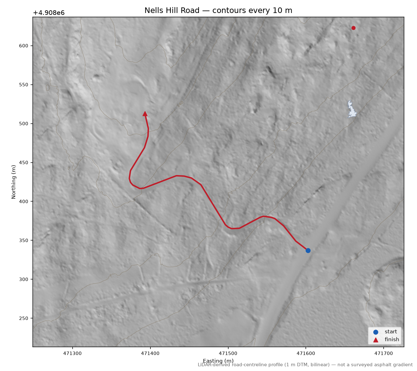 Nells Hill Road LiDAR hillshade map with contours