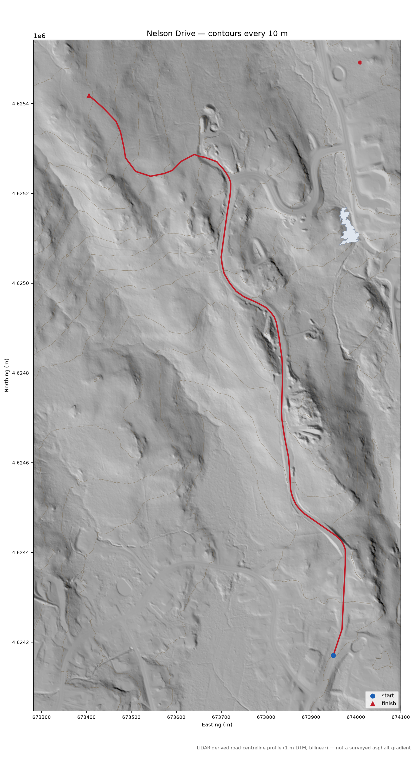 Nelson Drive LiDAR hillshade map with contours