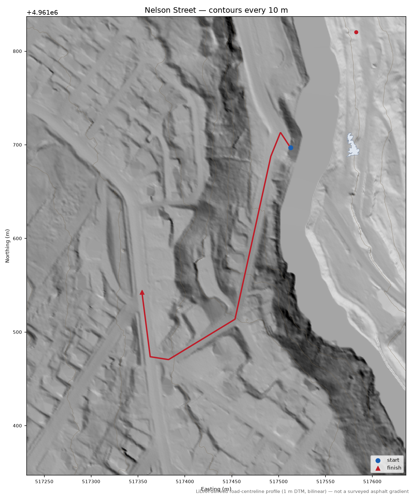 Nelson Street LiDAR hillshade map with contours