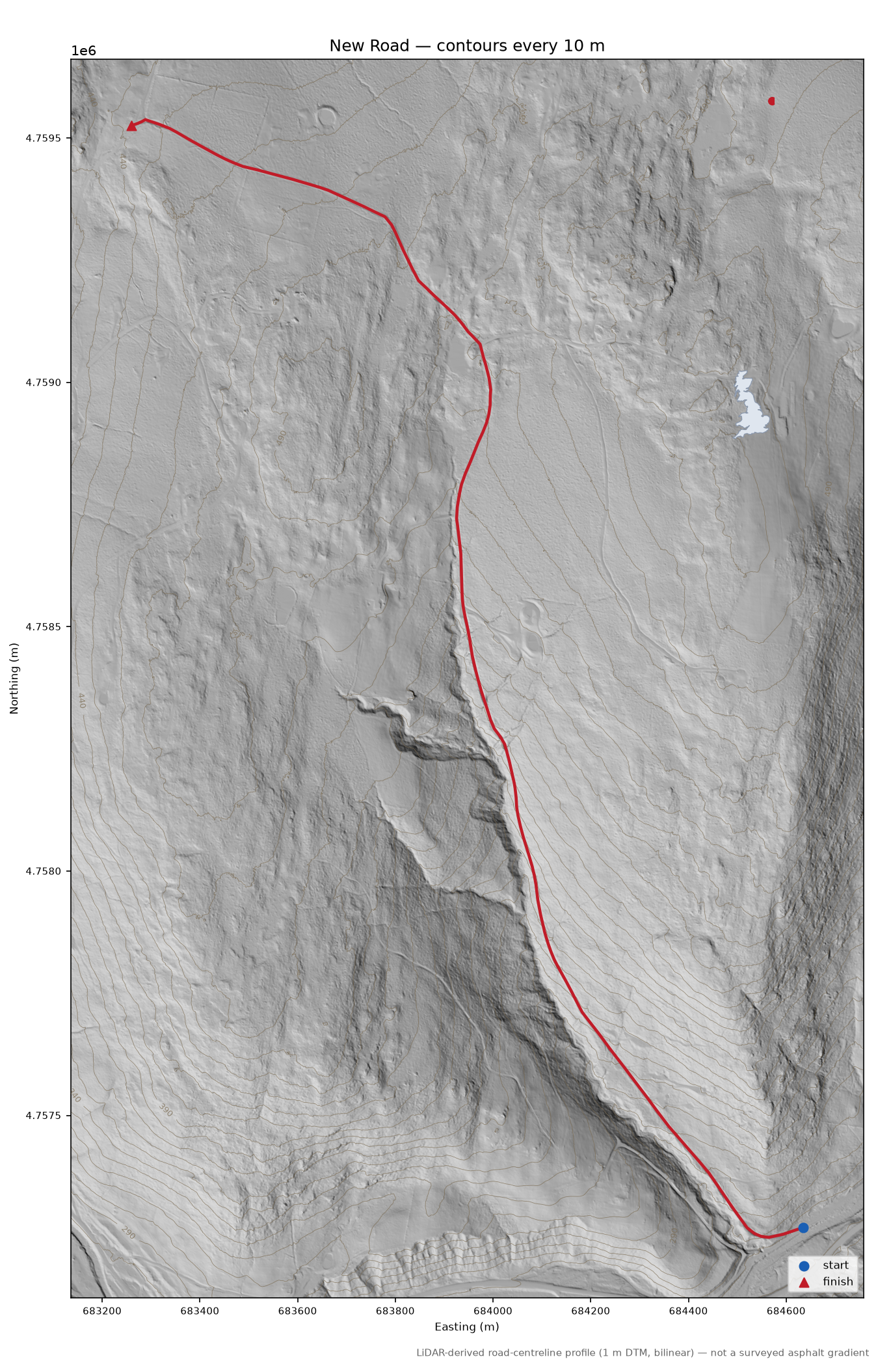 New Road LiDAR hillshade map with contours