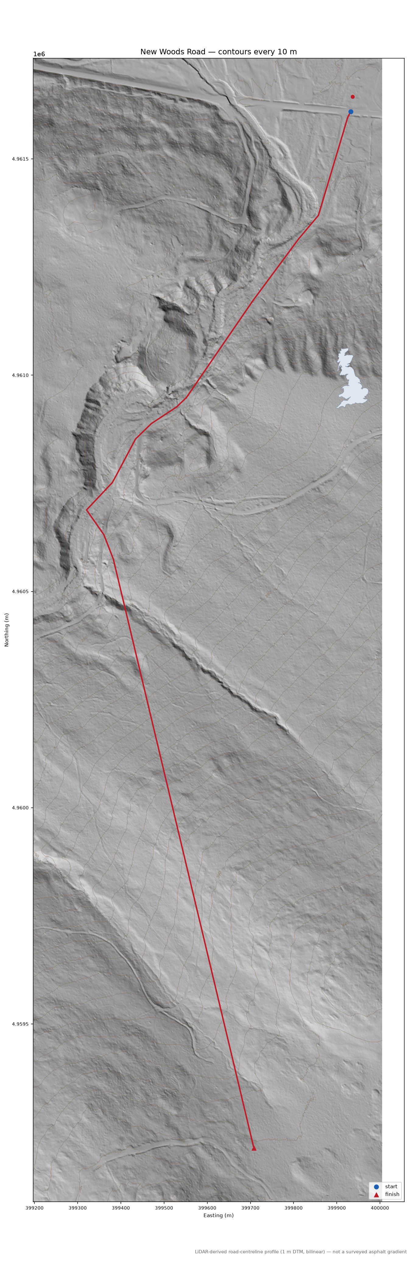 New Woods Road LiDAR hillshade map with contours