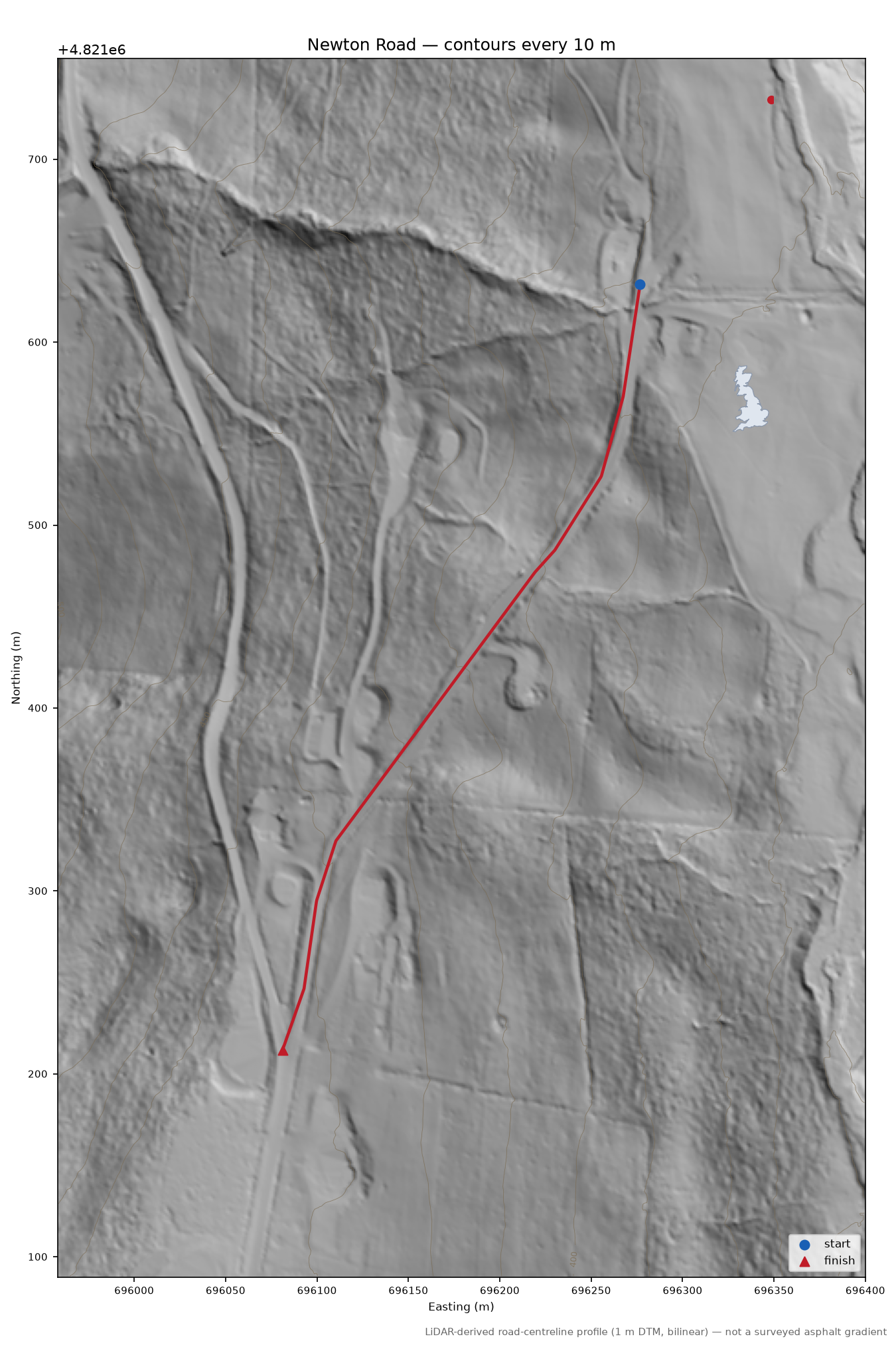 Newton Road LiDAR hillshade map with contours