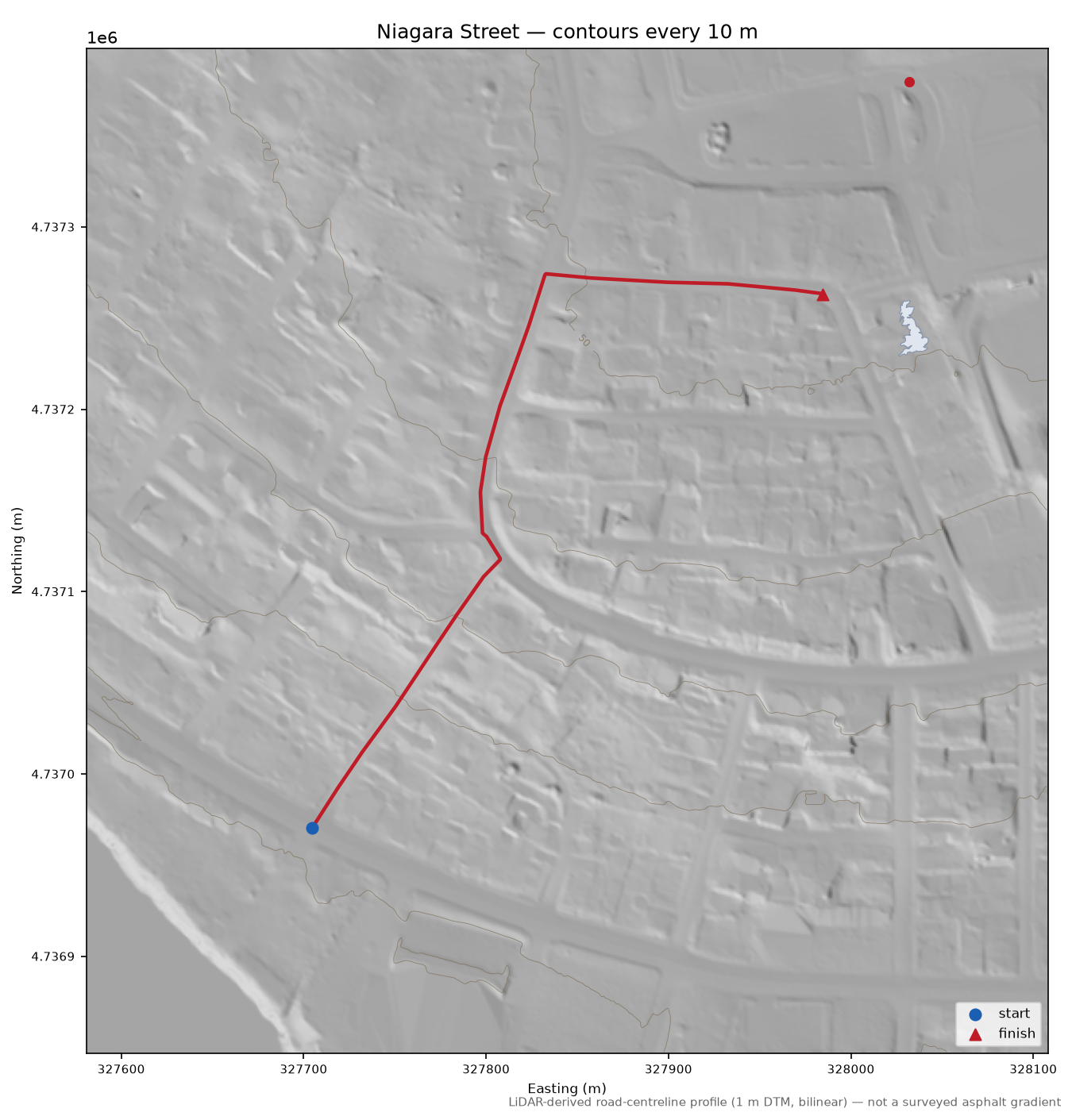 Niagara Street LiDAR hillshade map with contours