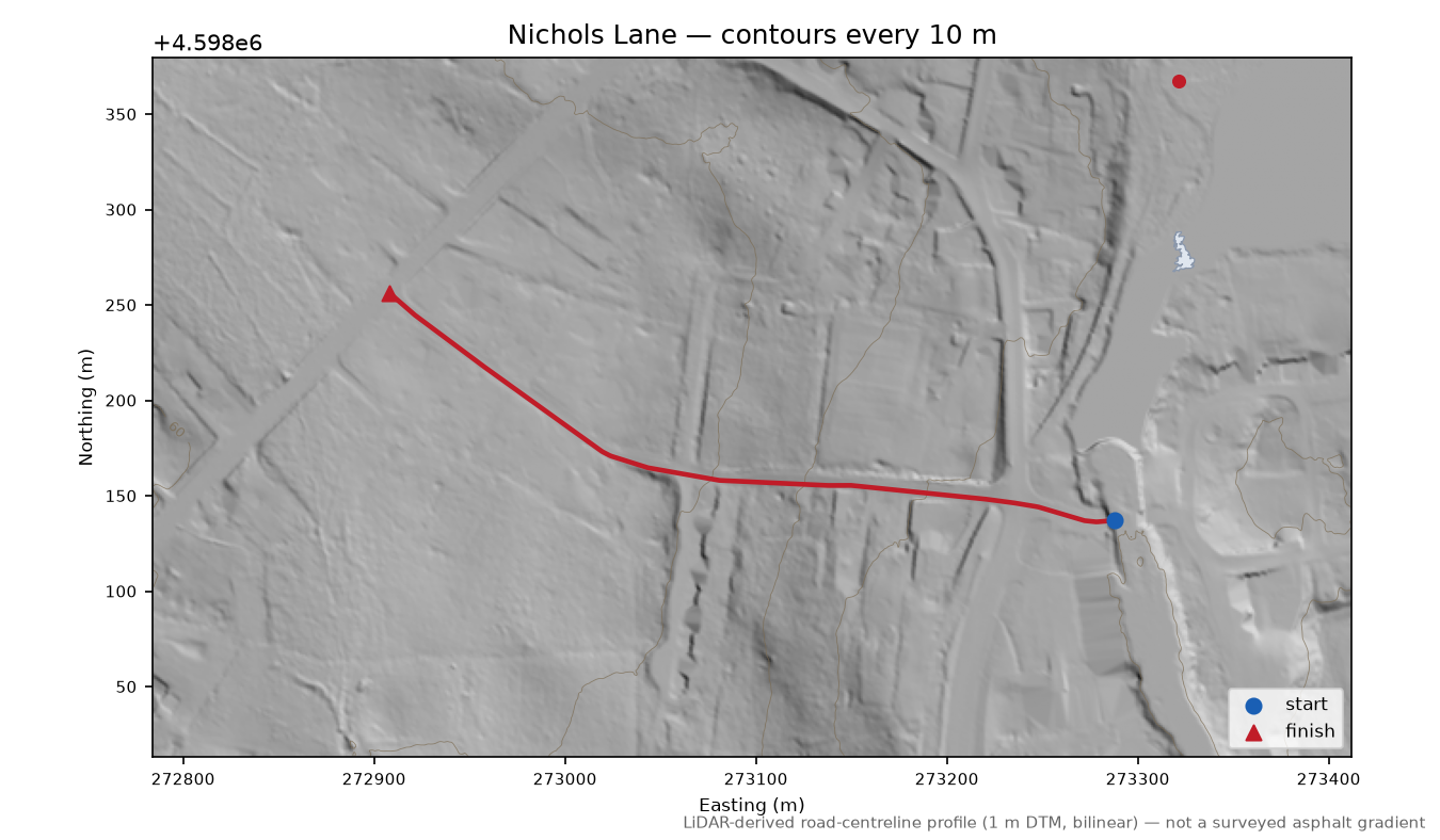 Nichols Lane LiDAR hillshade map with contours