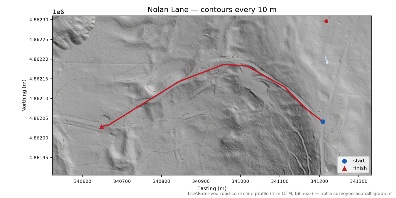 Nolan Lane LiDAR hillshade map with contours