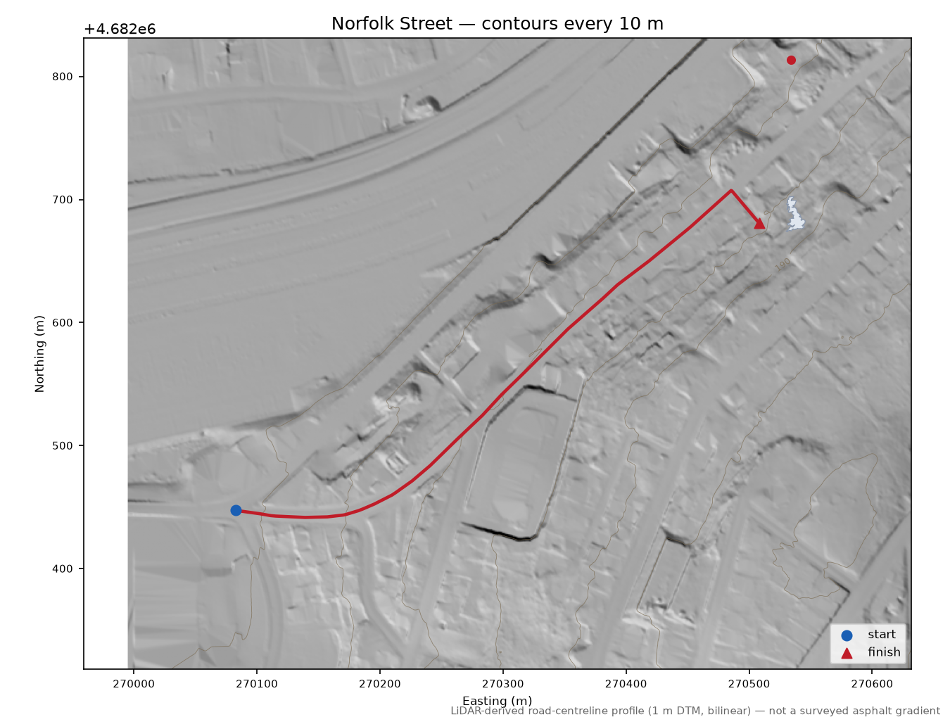 Norfolk Street LiDAR hillshade map with contours