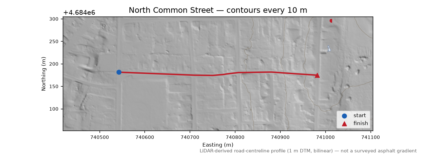 North Common Street LiDAR hillshade map with contours