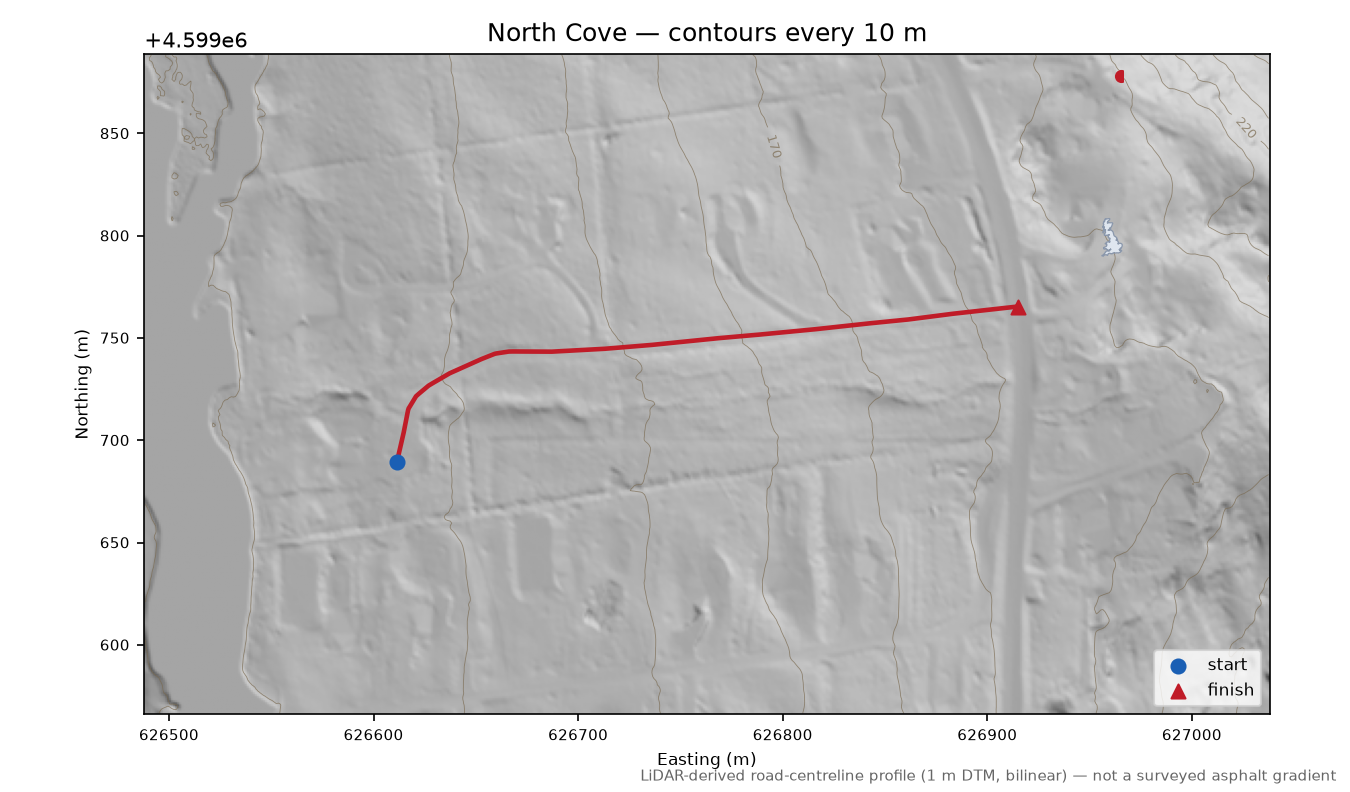 North Cove LiDAR hillshade map with contours