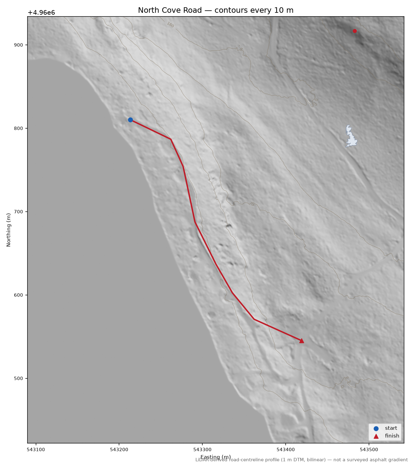 North Cove Road LiDAR hillshade map with contours