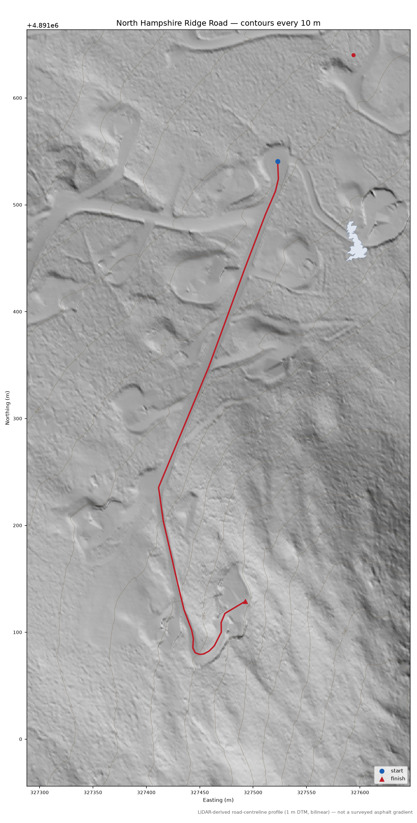 North Hampshire Ridge Road LiDAR hillshade map with contours